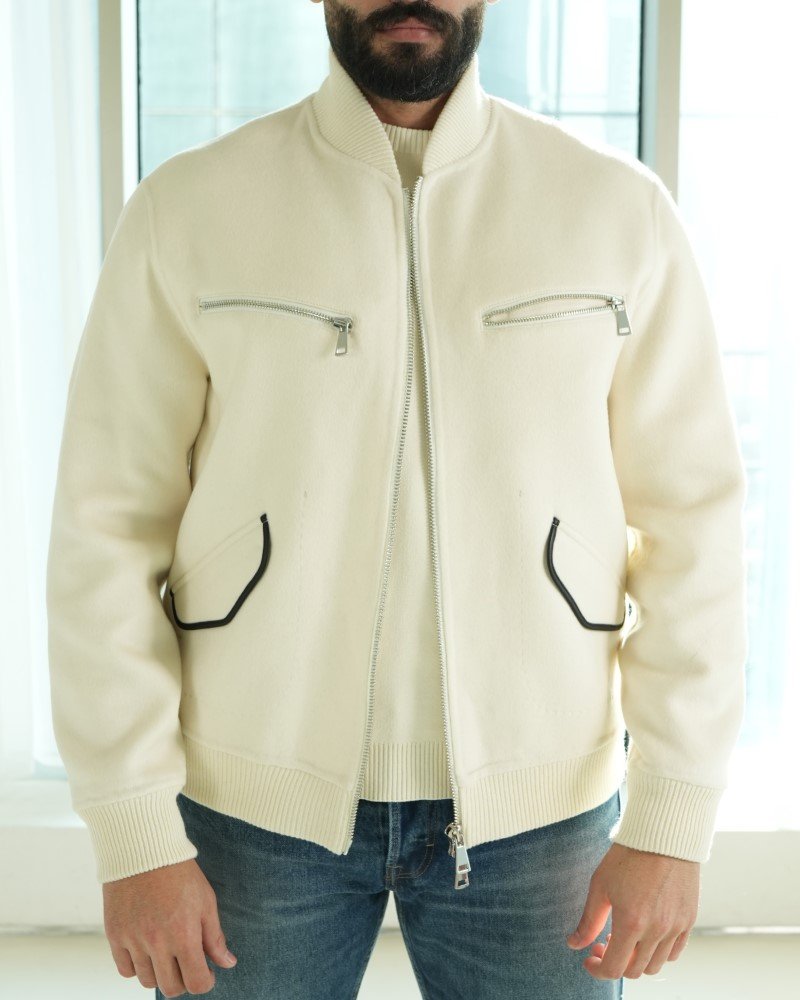 Ivory Wool–Silk Bomber Jacket