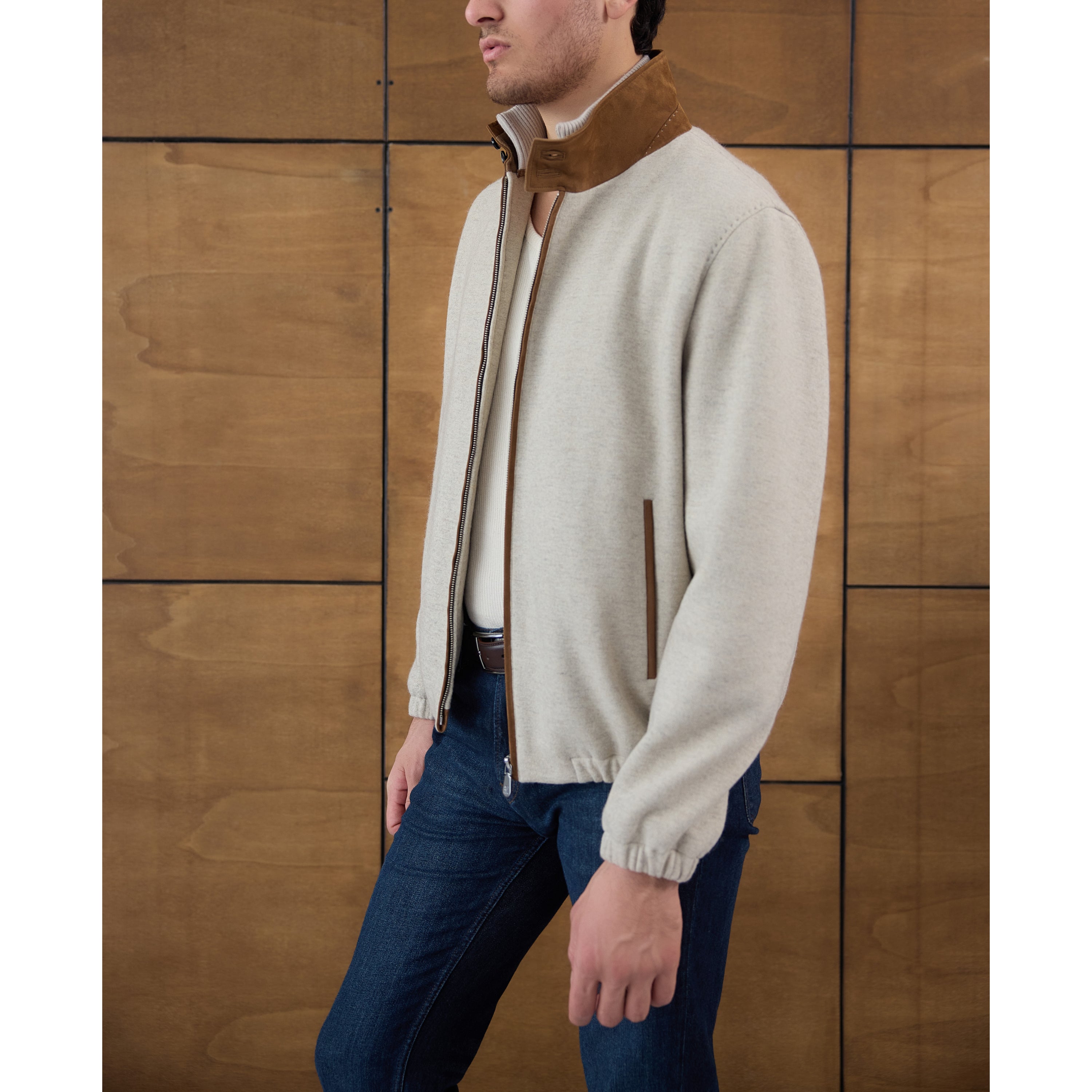 Suede-Collar Knit Bomber Jacket