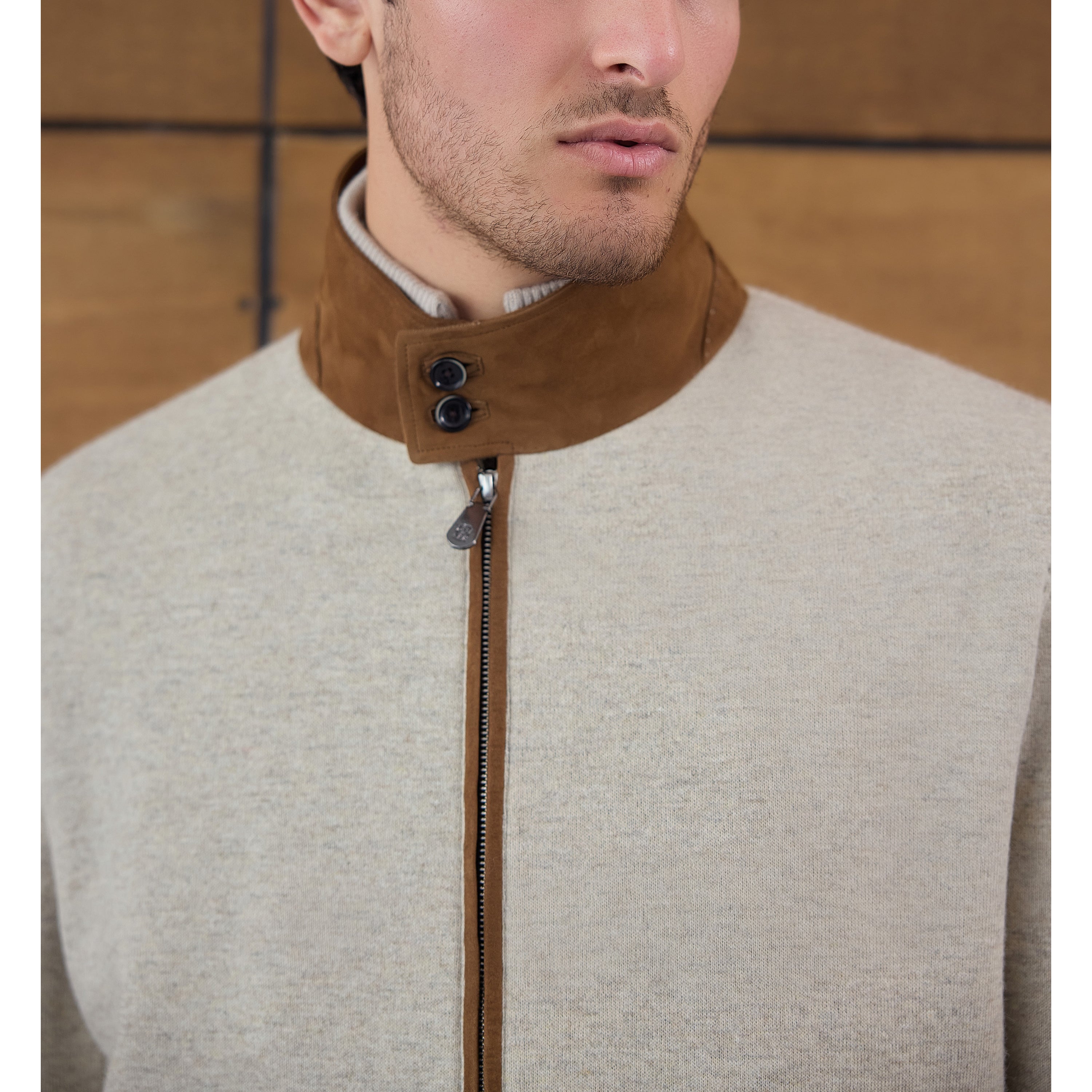 Suede-Collar Knit Bomber Jacket