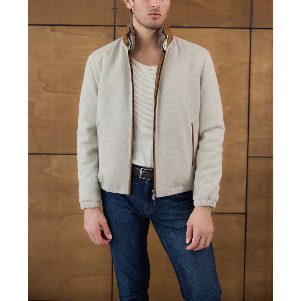 Suede-Collar Knit Bomber Jacket