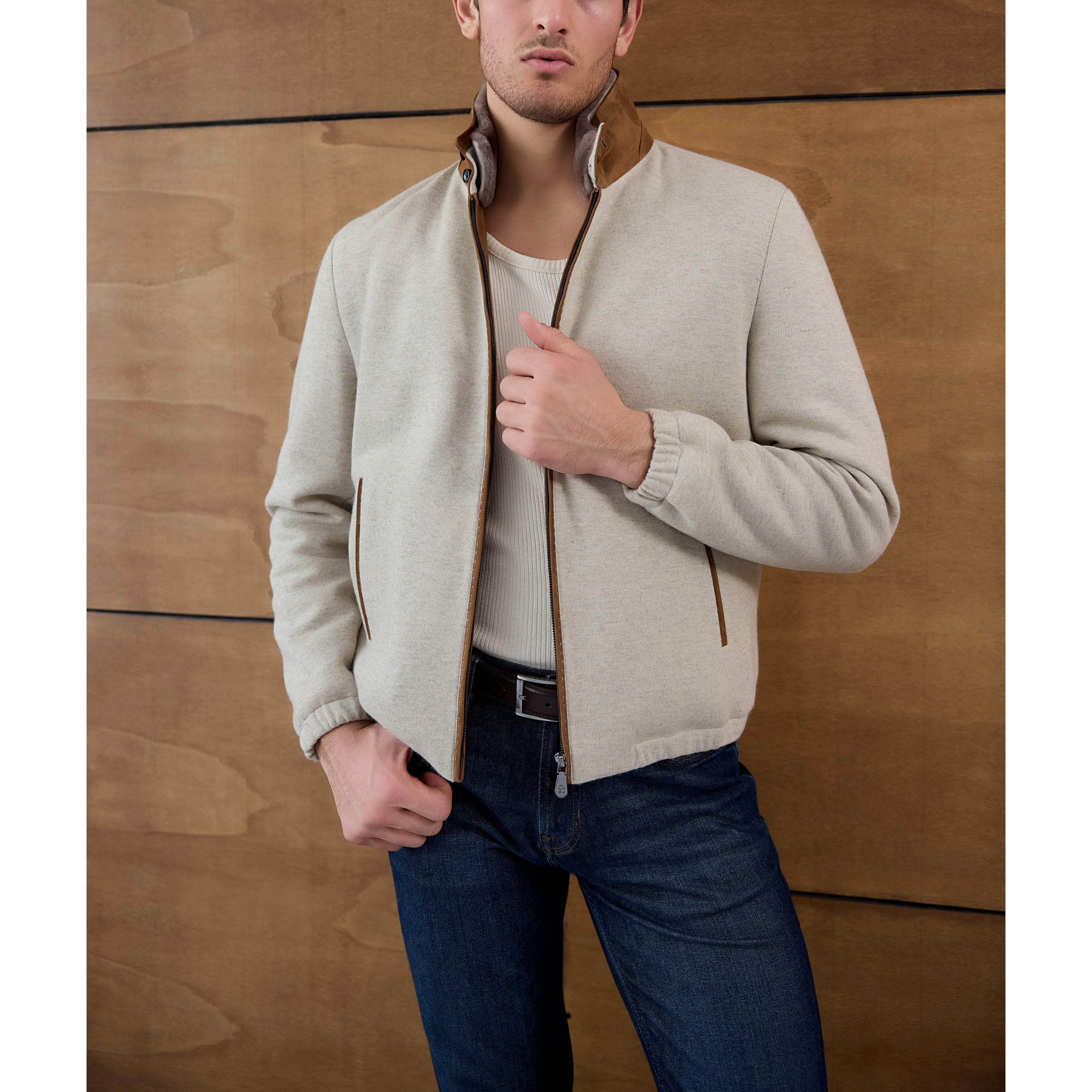 Suede-Collar Knit Bomber Jacket
