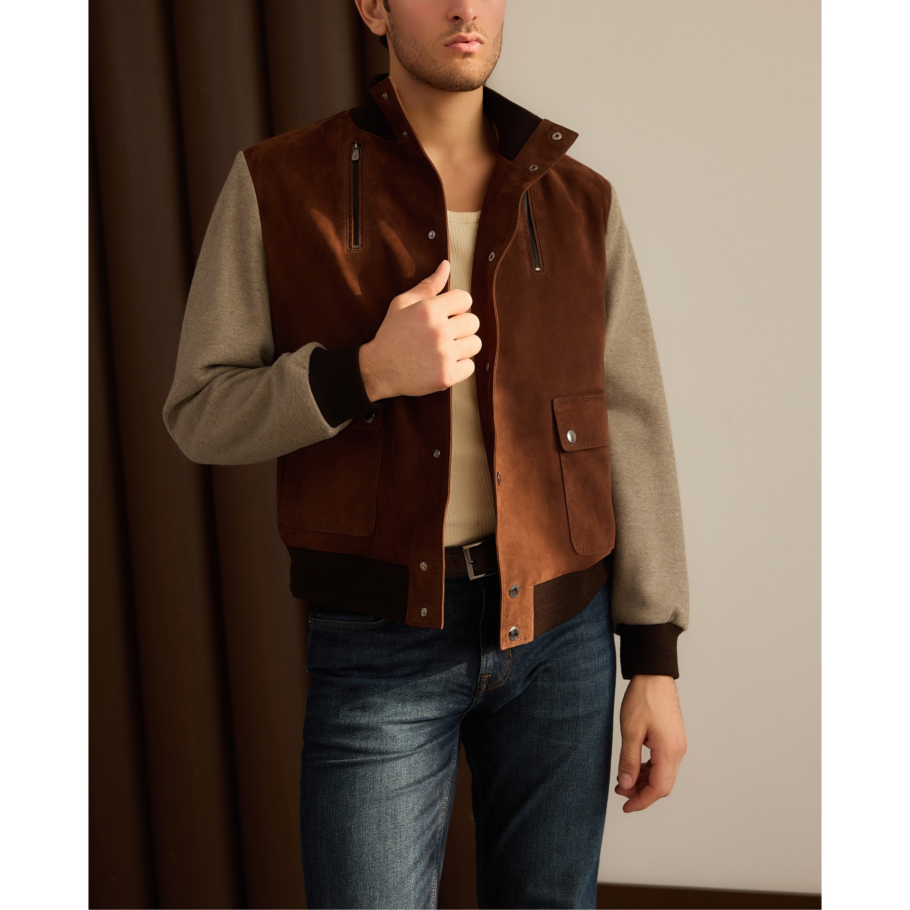 Suede-Front Wool Varsity Jacket