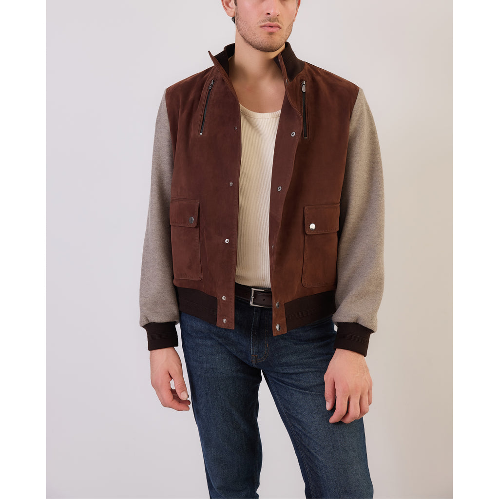 Suede-Front Wool Varsity Jacket