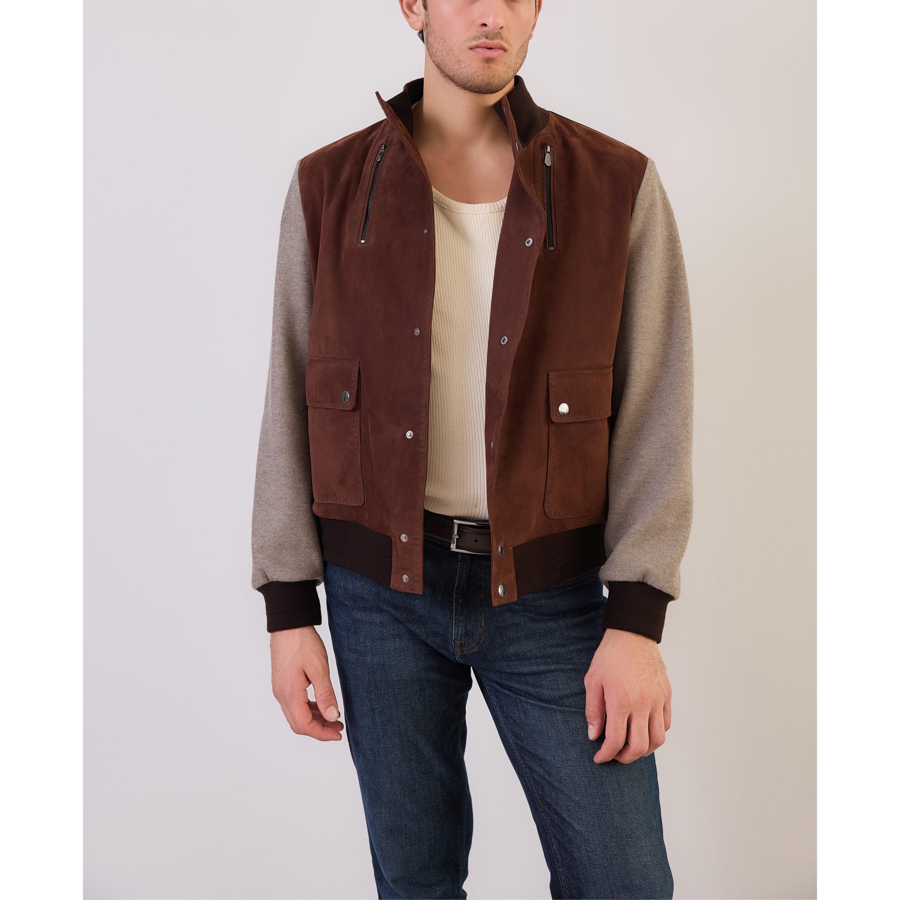 Suede-Front Wool Varsity Jacket