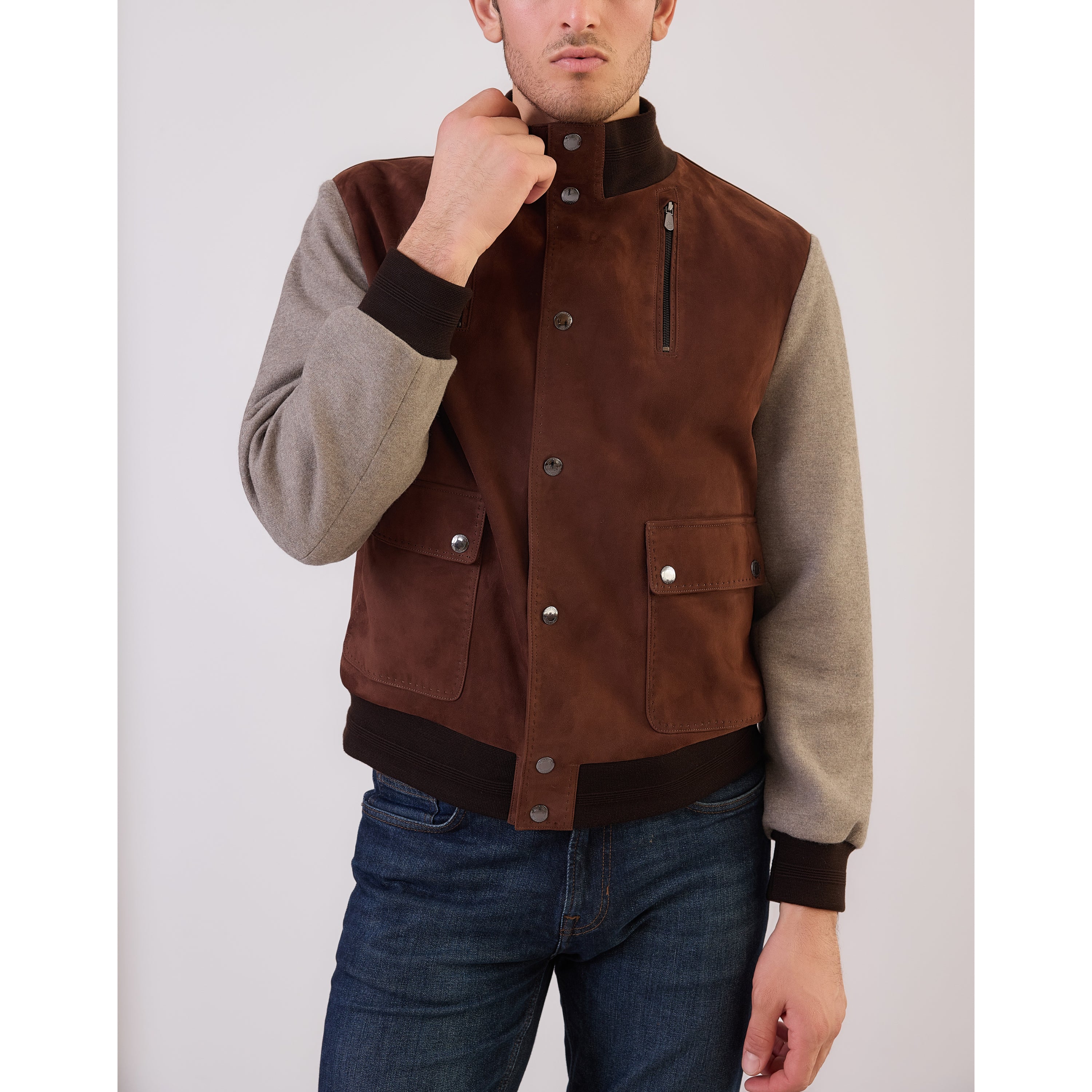 Suede-Front Wool Varsity Jacket