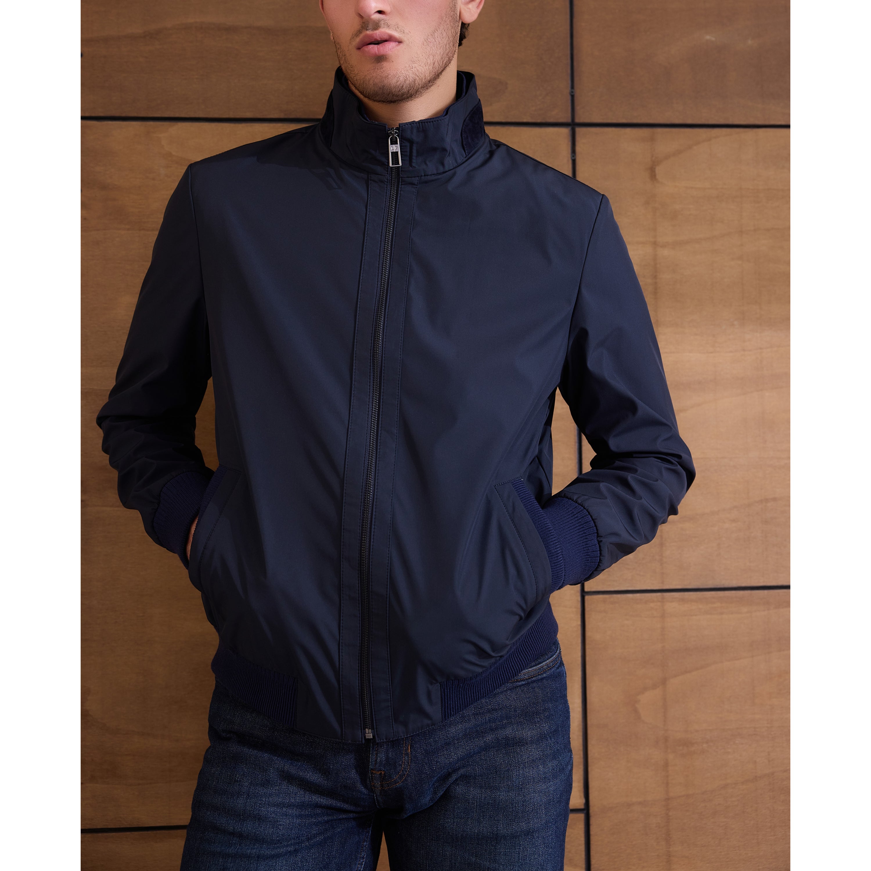 Ribbed-Hem Harrington Jacket